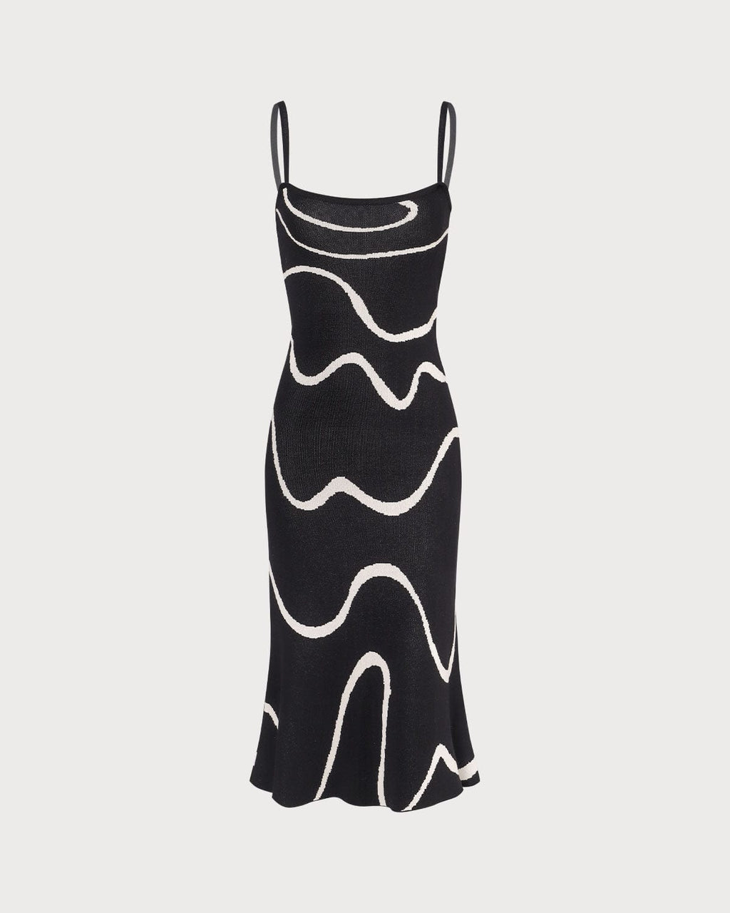 Stephanie - Women’s Black Knit Midi Dress Elegant Wave Print Mermaid Hem-Midi Dresses-Lyrasue-Black-XS-Lyrasue