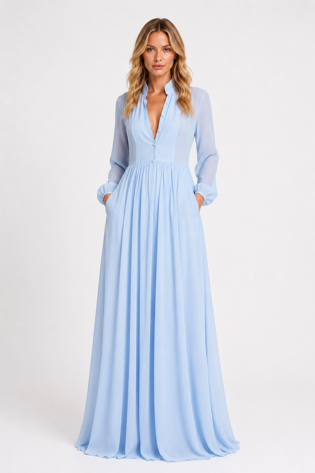 Summer - Women’s Chiffon Maxi Dress with Long Sleeves and Gathered Waist-Lyrasue-S-Light Blue-Lyrasue