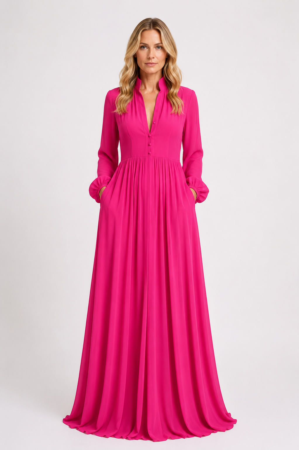 Summer - Women’s Chiffon Maxi Dress with Long Sleeves and Gathered Waist-Lyrasue-S-Rose Red-Lyrasue