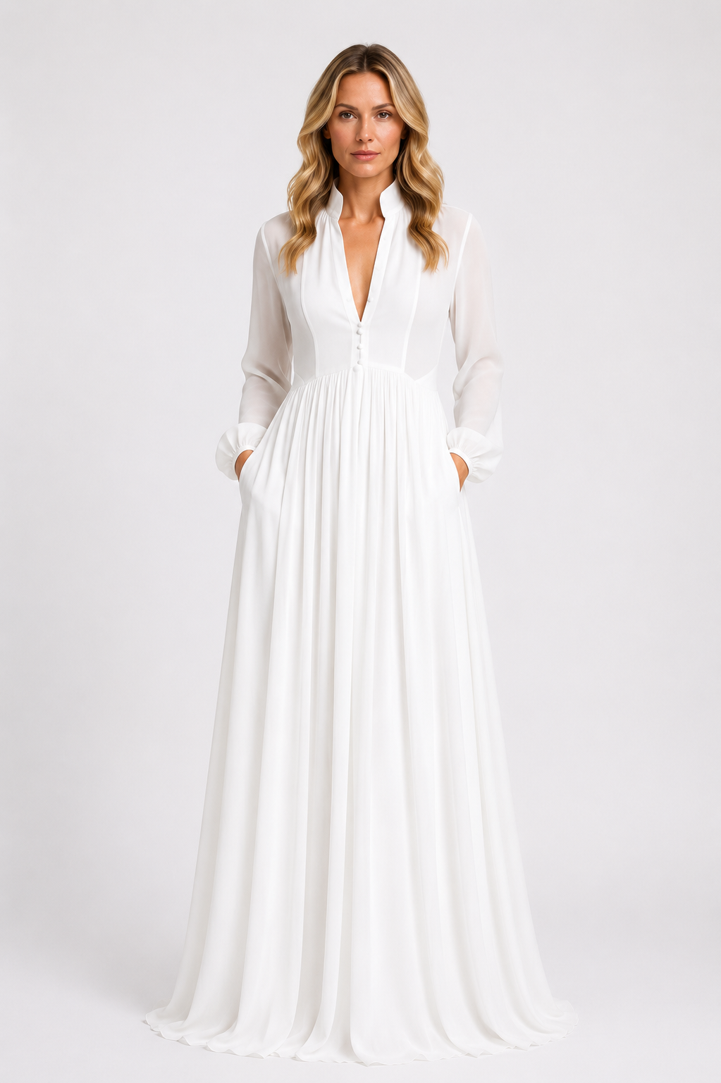 Summer - Women’s Chiffon Maxi Dress with Long Sleeves and Gathered Waist-Lyrasue-S-White-Lyrasue