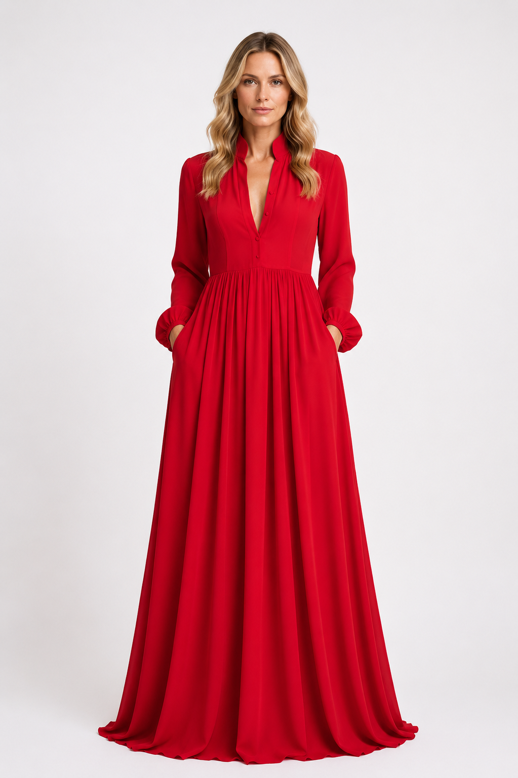 Summer - Women’s Chiffon Maxi Dress with Long Sleeves and Gathered Waist-Lyrasue-S-Red-Lyrasue