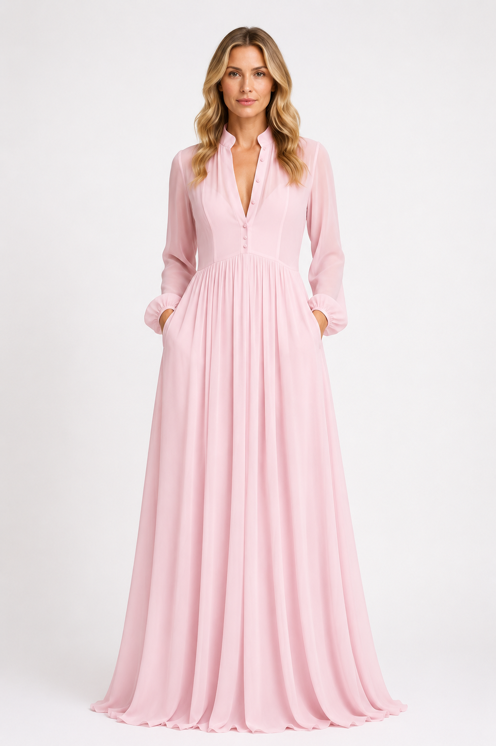 Summer - Women’s Chiffon Maxi Dress with Long Sleeves and Gathered Waist-Lyrasue-S-Pink-Lyrasue