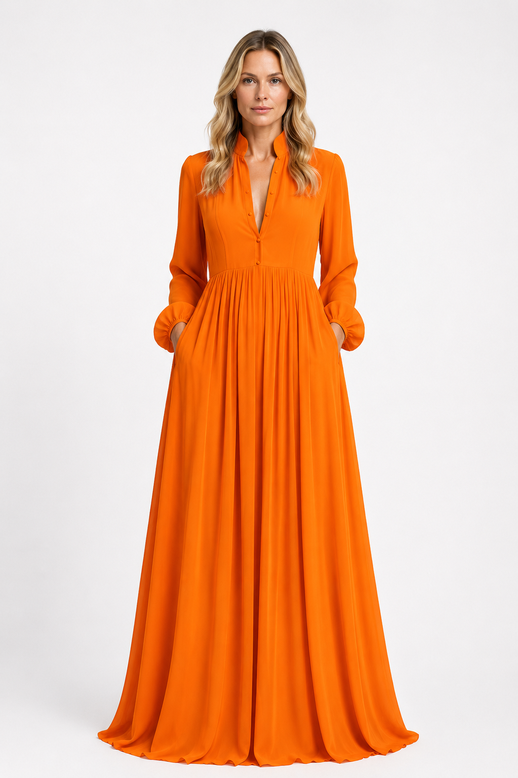 Summer - Women’s Chiffon Maxi Dress with Long Sleeves and Gathered Waist-Lyrasue-S-Orange-Lyrasue