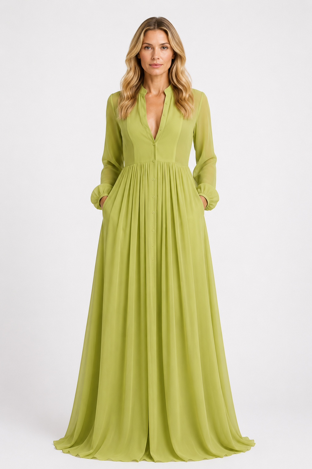 Summer - Women’s Chiffon Maxi Dress with Long Sleeves and Gathered Waist-Lyrasue-S-Green-Lyrasue