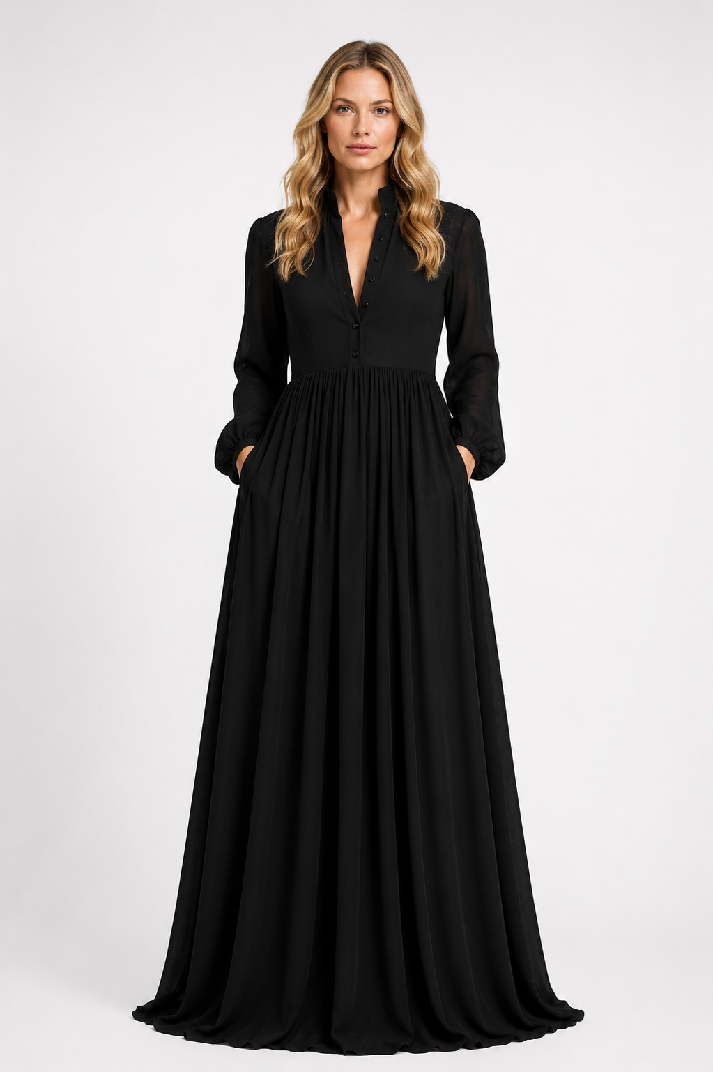 Summer - Women’s Chiffon Maxi Dress with Long Sleeves and Gathered Waist-Lyrasue-S-Black-Lyrasue