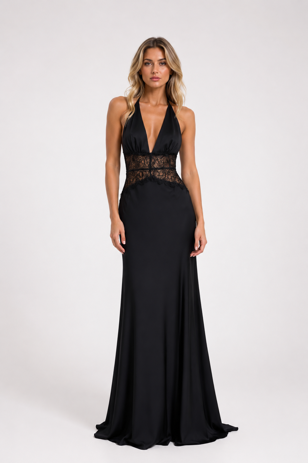 Taryn - Women’s Halter Neck Maxi Wedding Guest Dress with Lace Waist Panel-Dresses-Lyrasue-Black-XS-Lyrasue