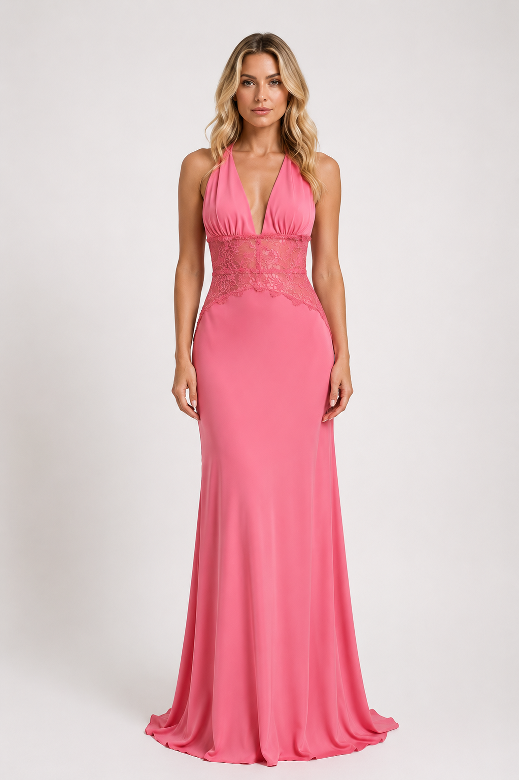 Taryn - Women’s Halter Neck Maxi Wedding Guest Dress with Lace Waist Panel-Dresses-Lyrasue-Pink-XS-Lyrasue