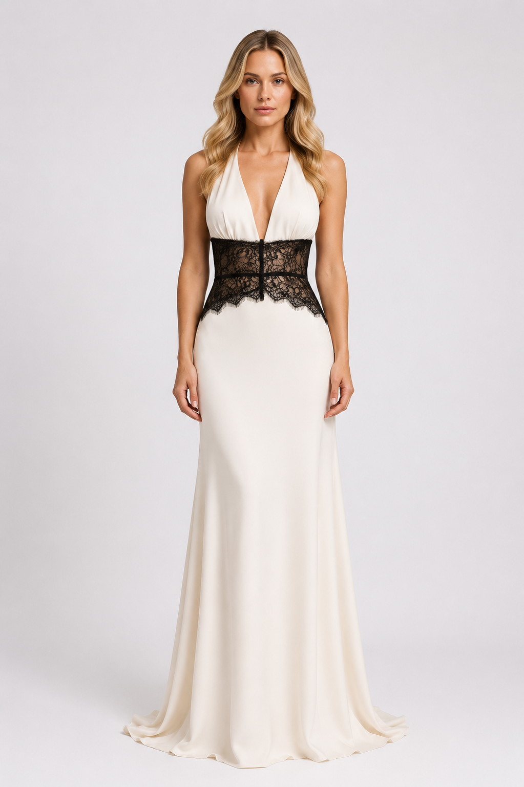 Taryn - Women’s Halter Neck Maxi Wedding Guest Dress with Lace Waist Panel-Dresses-Lyrasue-White-XS-Lyrasue
