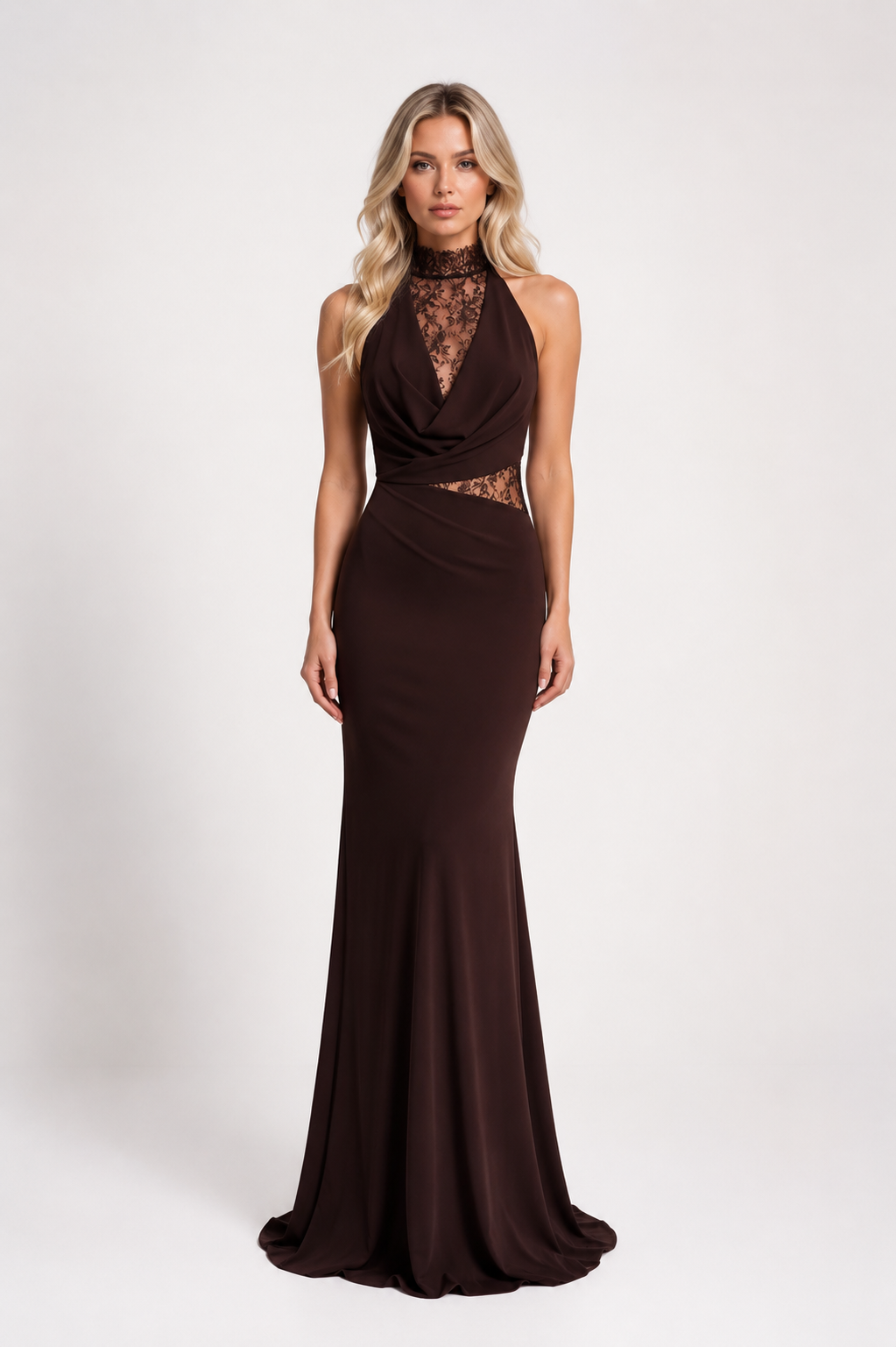 Taryn - Women’s Halter Neck Wedding Guest Maxi Dress with Lace Detail-Maxi Dress-Lyrasue-Red Brown-XS-Lyrasue
