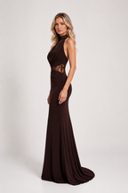 Taryn - Women’s Halter Neck Wedding Guest Maxi Dress with Lace Detail-Maxi Dress-Lyrasue-Red Brown-XS-Lyrasue