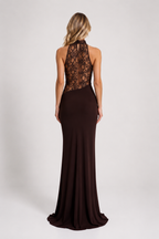 Taryn - Women’s Halter Neck Wedding Guest Maxi Dress with Lace Detail-Maxi Dress-Lyrasue-Red Brown-XS-Lyrasue