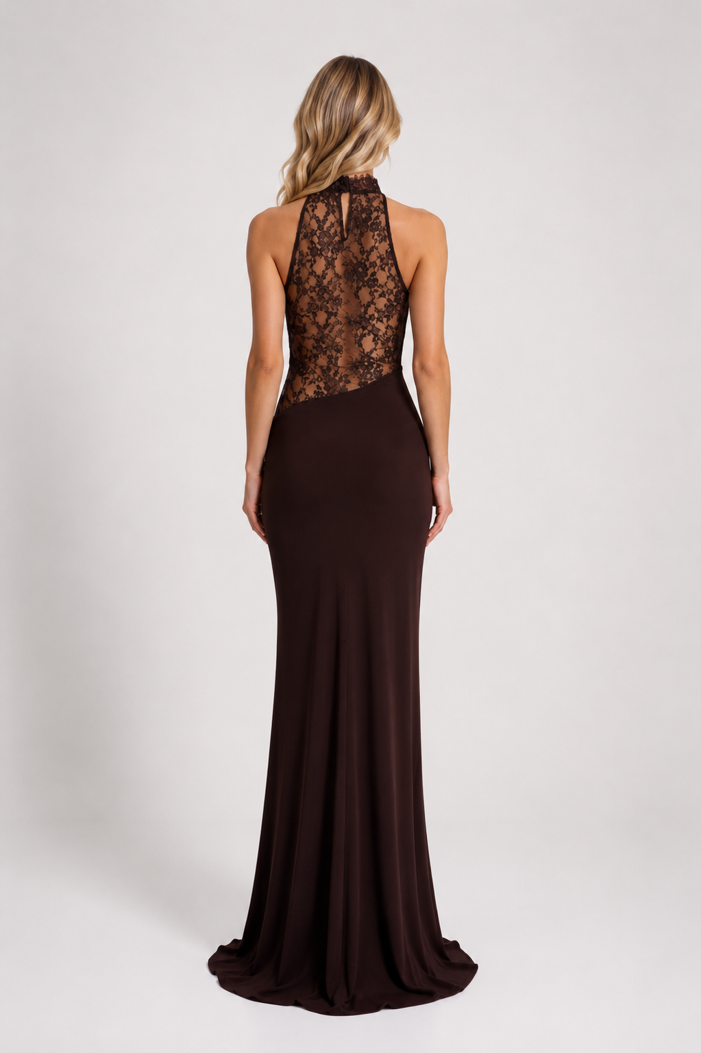 Taryn - Women’s Halter Neck Wedding Guest Maxi Dress with Lace Detail-Maxi Dress-Lyrasue-Red Brown-XS-Lyrasue