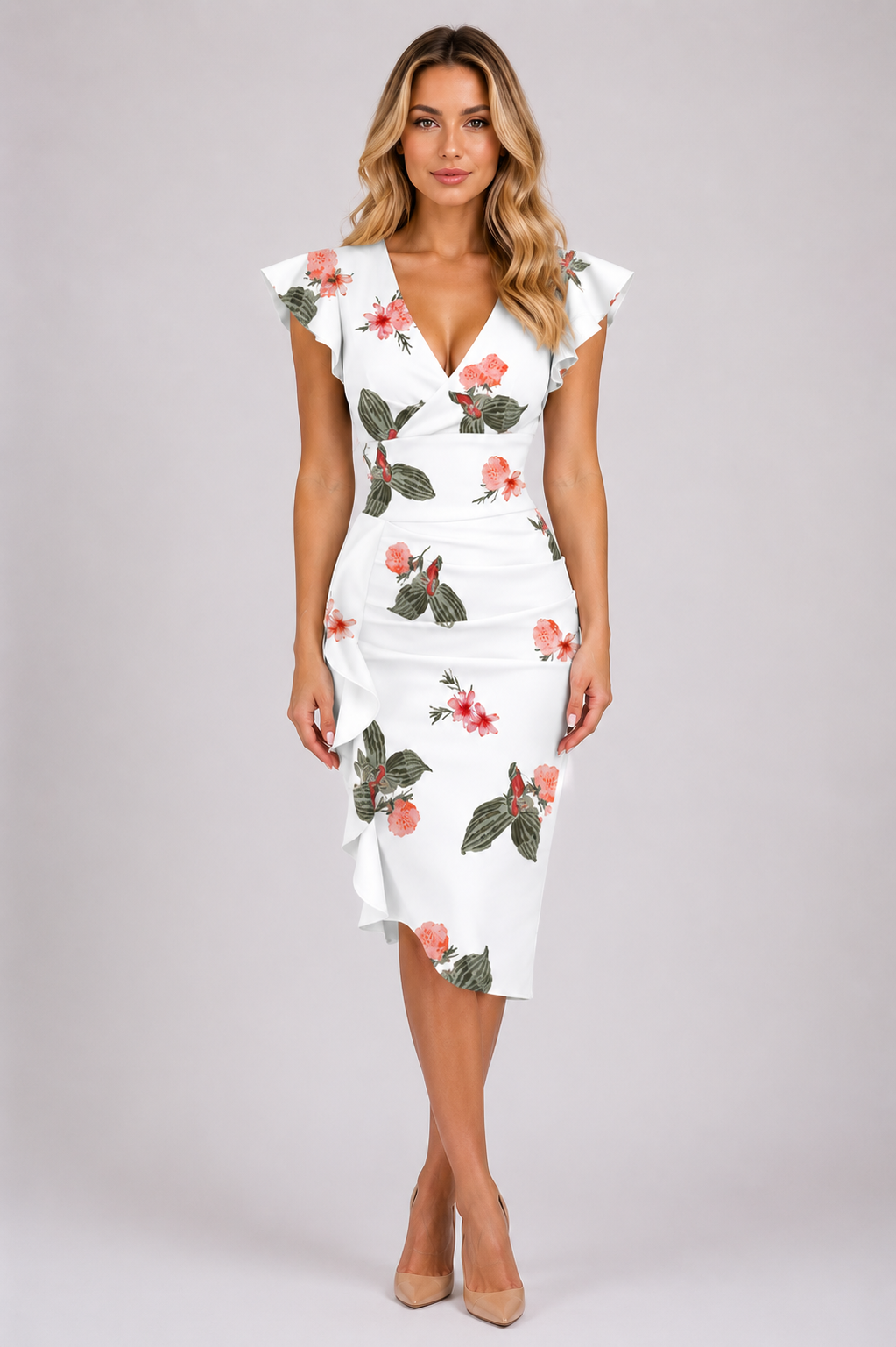 Tessa - Women’s V-Neck Sleeveless Summer Midi Dress-Mode Dames Jurk-Lyrasue-White Orange-S-Lyrasue