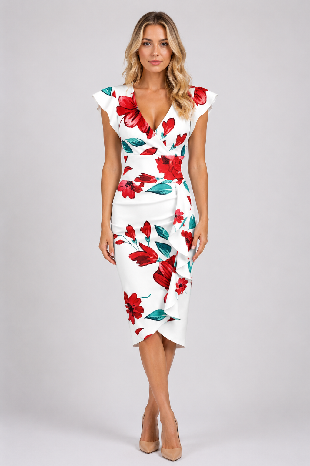 Tessa - Women’s V-Neck Sleeveless Summer Midi Dress-Mode Dames Jurk-Lyrasue-White Red-S-Lyrasue