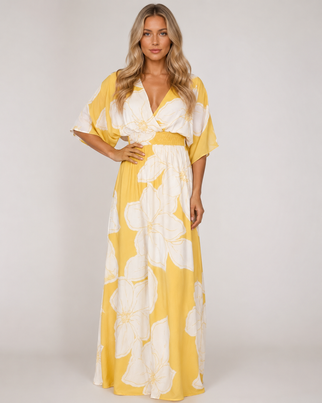 Trinaty - Women’s Floral Print Maxi Dress Elegant Contrast Detail Style-SS - Womens Dresses-Lyrasue-Yellow-S-Lyrasue