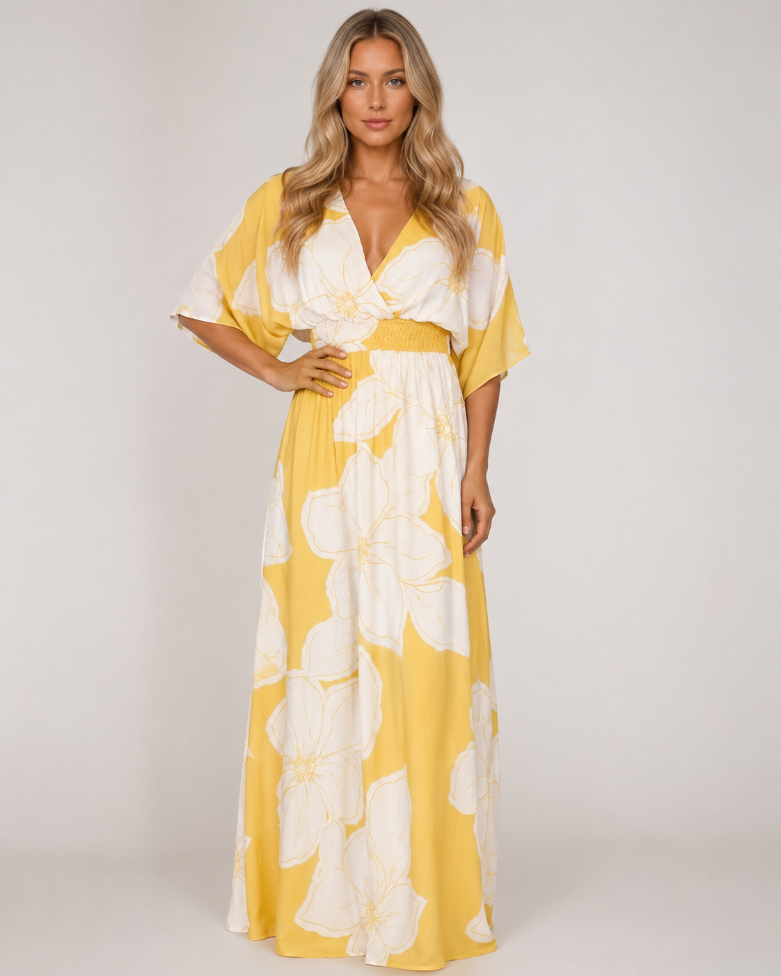 Trinaty - Women’s Floral Print Maxi Dress Elegant Contrast Detail Style-SS - Womens Dresses-Lyrasue-Yellow-S-Lyrasue
