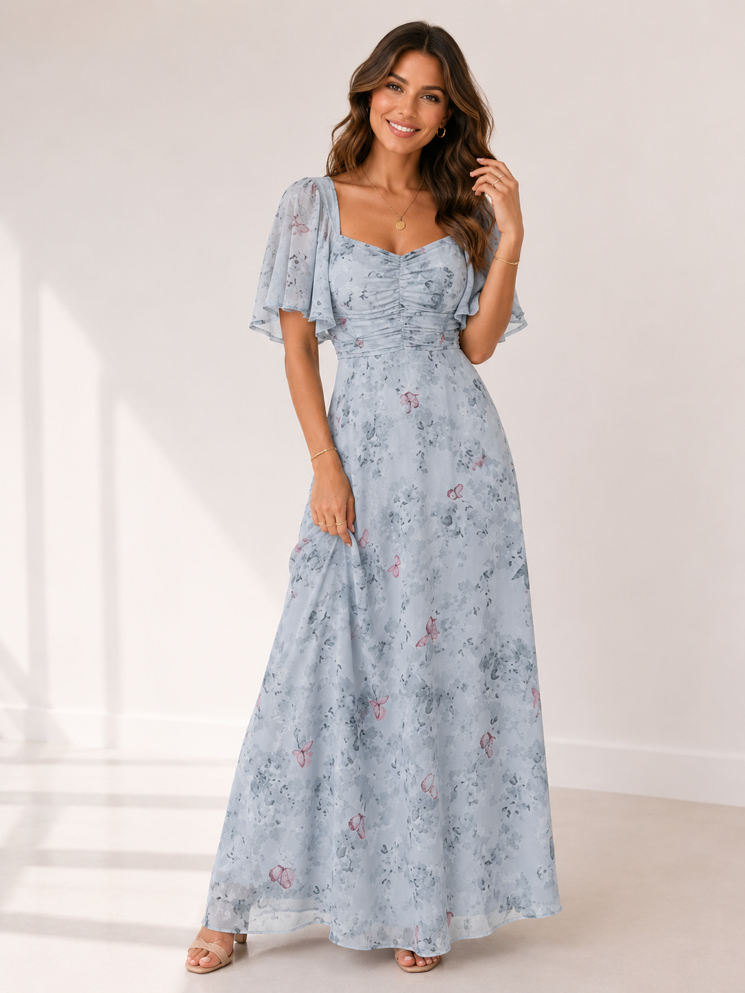 Valencia - Women's Flutter Sleeve Wedding Guest Maxi Dress-Women > Dress-Lyrasue-Dark blue-S-Lyrasue