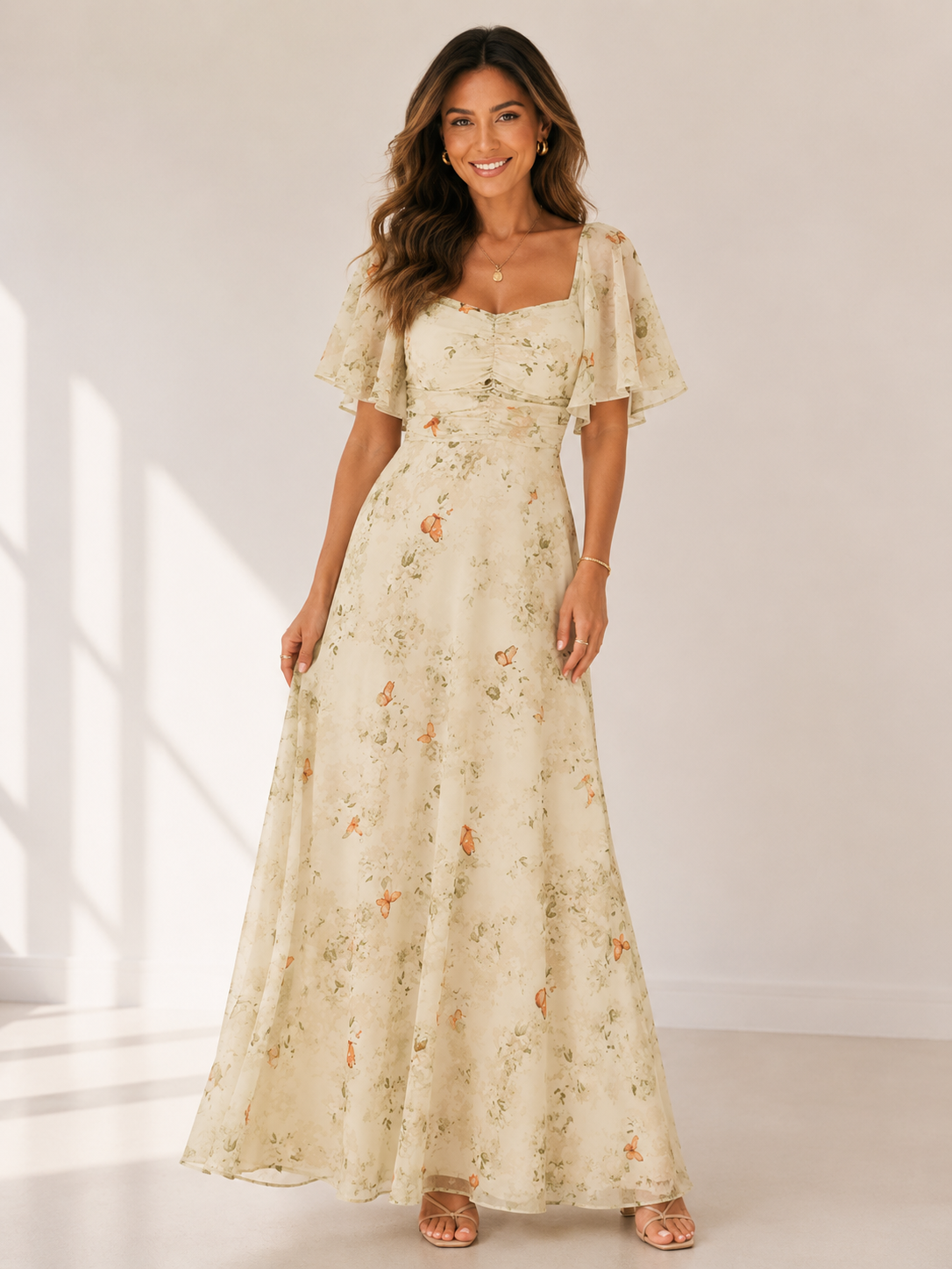 Valencia - Women's Flutter Sleeve Wedding Guest Maxi Dress-Women > Dress-Lyrasue-Yellow-S-Lyrasue