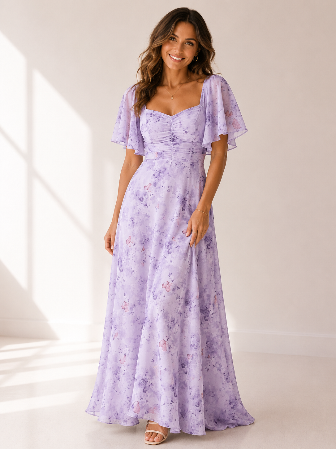 Valencia - Women's Flutter Sleeve Wedding Guest Maxi Dress-Women > Dress-Lyrasue-Light purple-S-Lyrasue