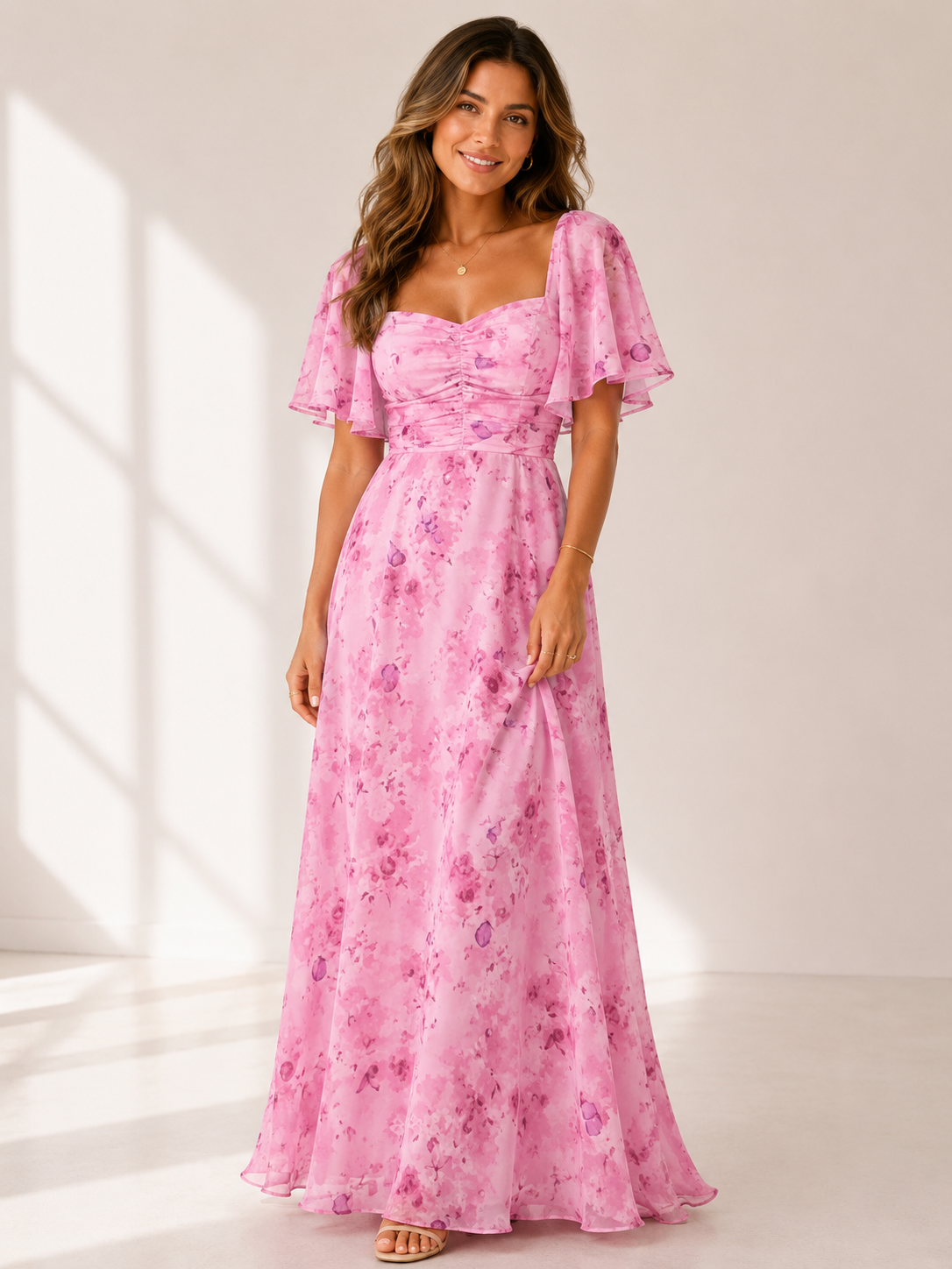 Valencia - Women's Flutter Sleeve Wedding Guest Maxi Dress-Women > Dress-Lyrasue-Pink-S-Lyrasue