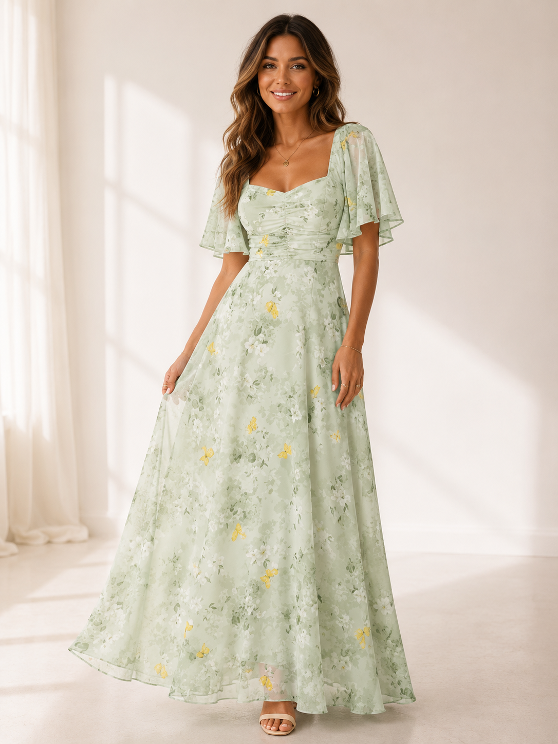 Valencia - Women's Flutter Sleeve Wedding Guest Maxi Dress-Women > Dress-Lyrasue-Light green-S-Lyrasue