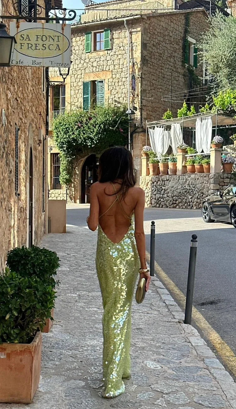 Valencia - Women's Sequin Backless Evening Gown-Lyrasue-Green-XS-Lyrasue