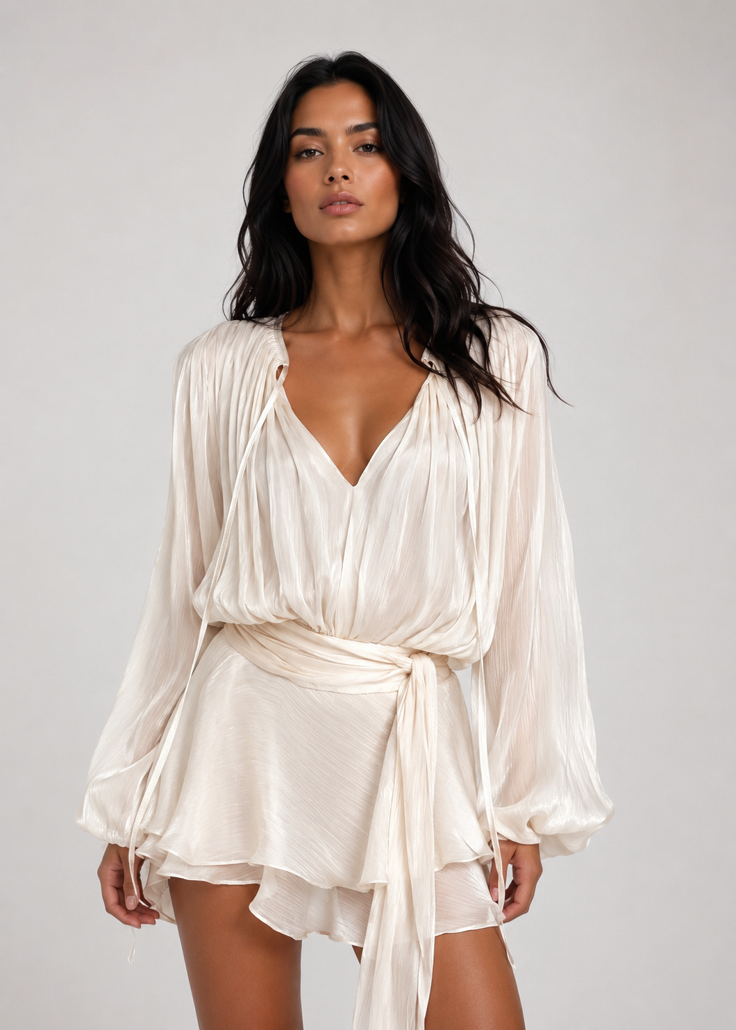 Vanessa - Women’s Champagne Mini Dress Pleated Design & Pearl Buttons-Dress-Lyrasue-Champagne-S-Lyrasue