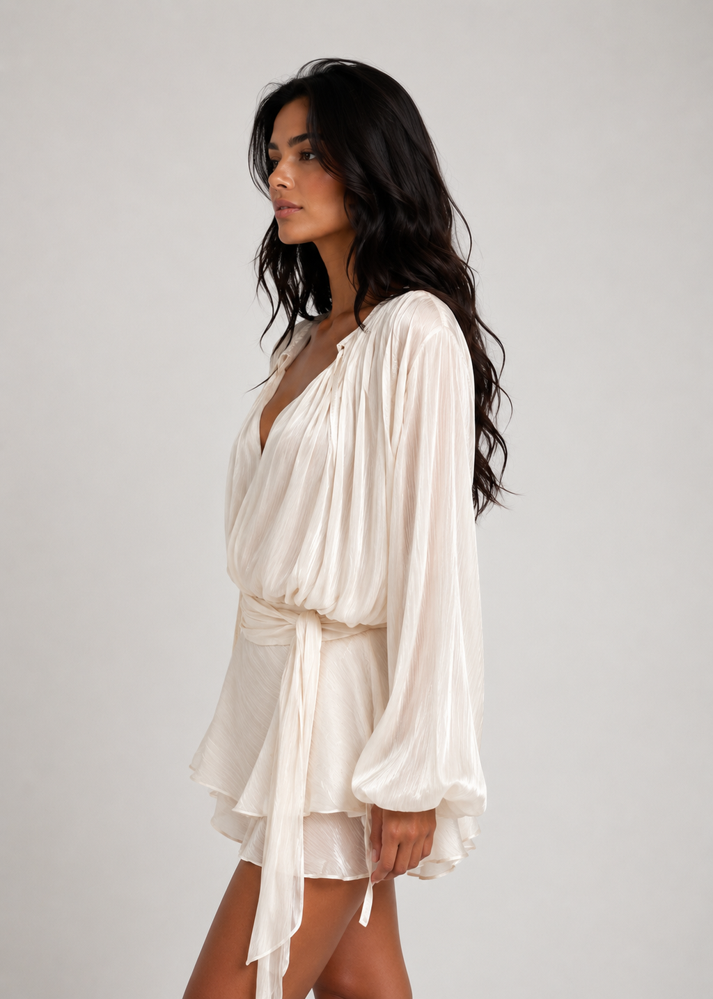 Vanessa - Women’s Champagne Mini Dress Pleated Design & Pearl Buttons-Dress-Lyrasue-Champagne-S-Lyrasue