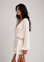 Vanessa - Women’s Champagne Mini Dress Pleated Design & Pearl Buttons-Dress-Lyrasue-Champagne-S-Lyrasue