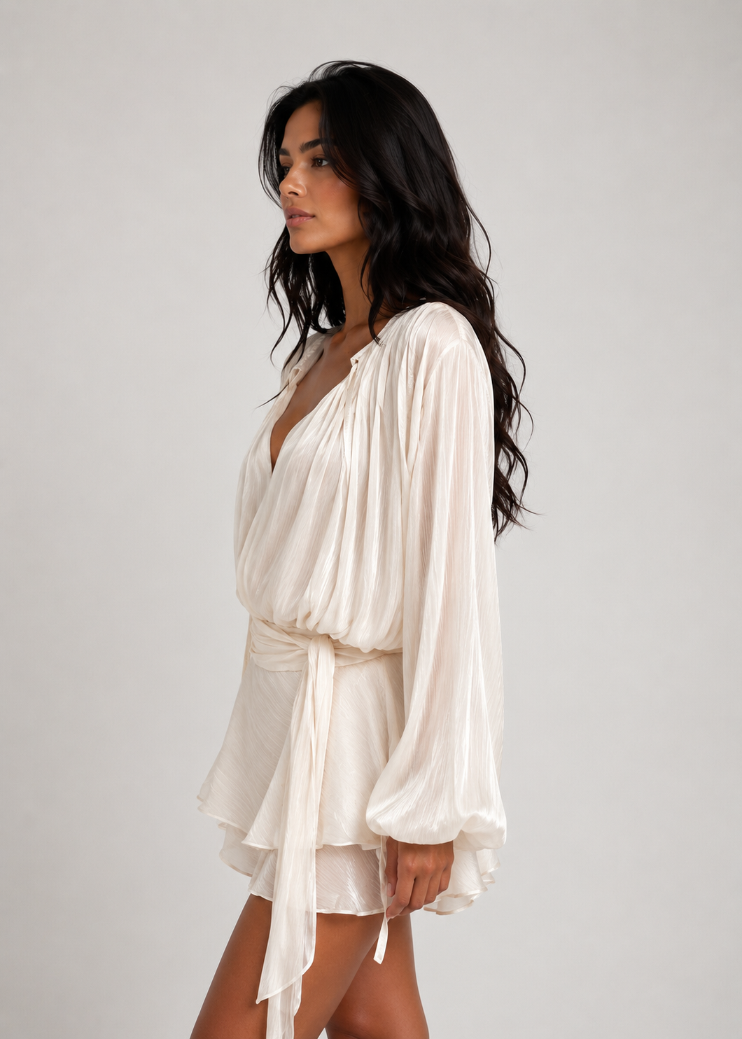 Vanessa - Women’s Champagne Mini Dress Pleated Design & Pearl Buttons-Dress-Lyrasue-Champagne-S-Lyrasue