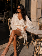 Vanessa - Women’s Champagne Mini Dress Pleated Design & Pearl Buttons-Dress-Lyrasue-Champagne-S-Lyrasue