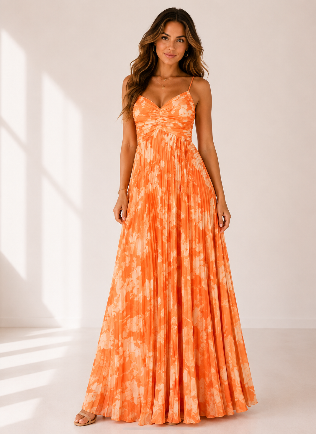 Vesper - Women's Pleated Summer Maxi Dress-Women > Dress-Lyrasue-Orange-S-Lyrasue