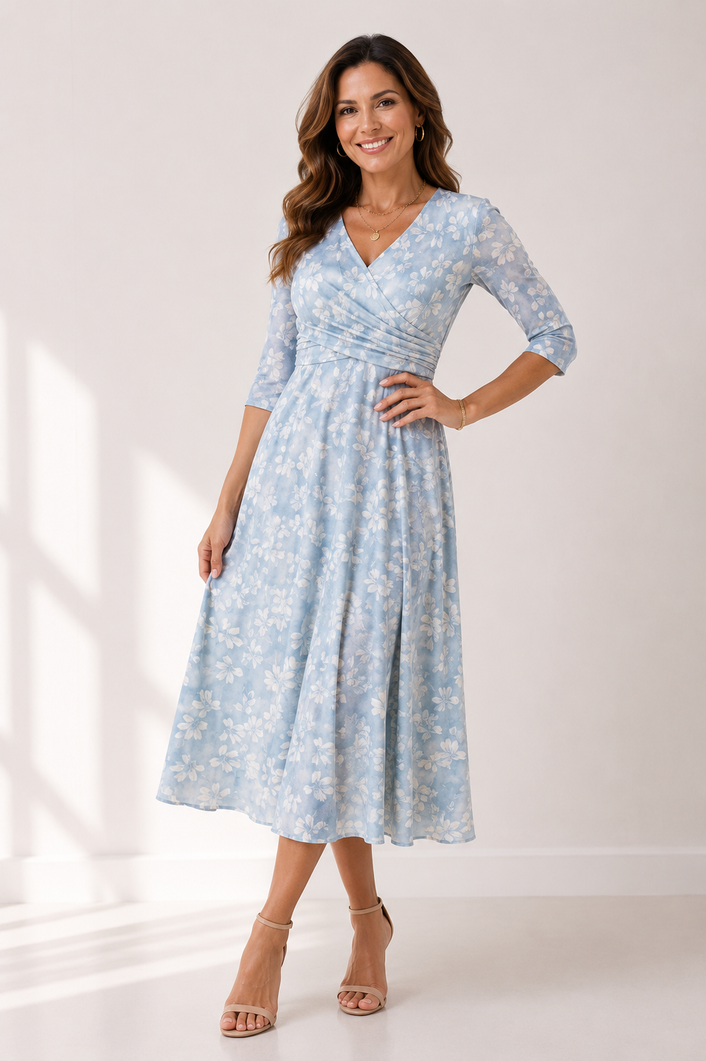 Winslet - Women's Floral Wrap Midi Dress with V-neckline-Women’s Midi Dress Summer Push-Lyrasue-Blue-S-Lyrasue