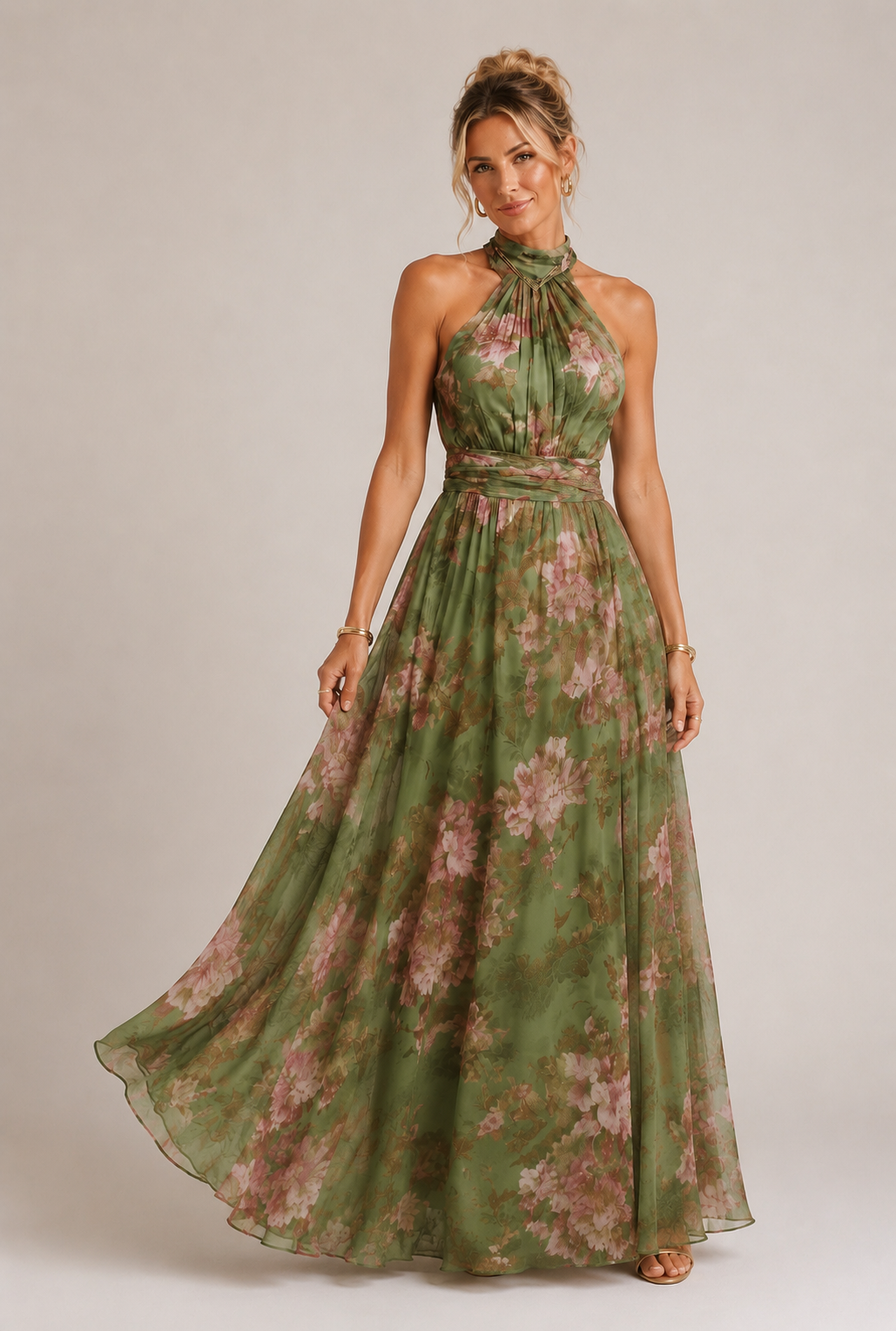 Nikita - Women's Halter Neck Wedding Guest Maxi Dress-Floral Dresses-Lyrasue-Green Floral print-S-Lyrasue