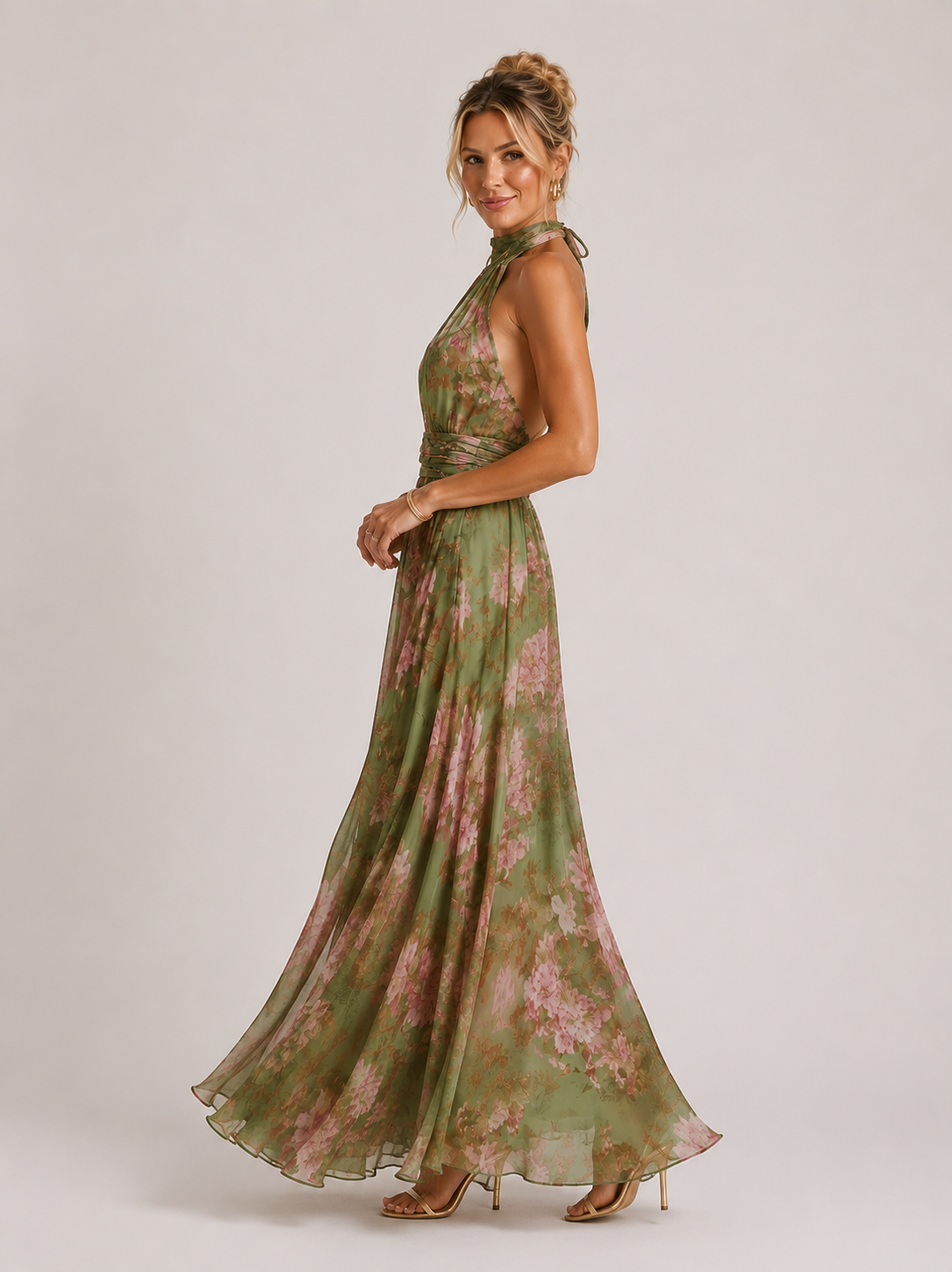 Nikita - Women's Halter Neck Wedding Guest Maxi Dress-Floral Dresses-Lyrasue-Green Floral print-S-Lyrasue
