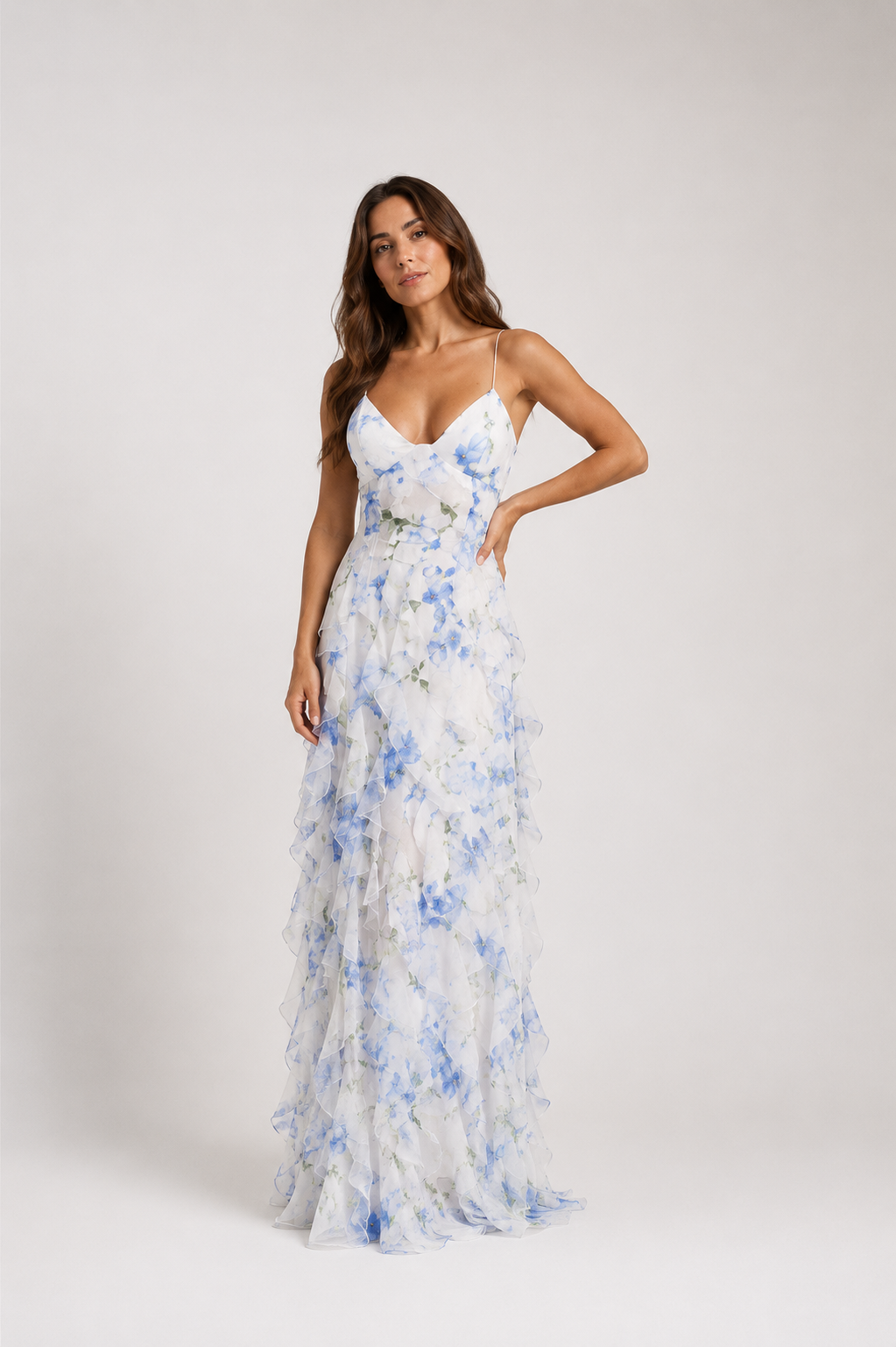 Wren - Women’s Floral Ruffle Maxi Dress with Spaghetti Straps-Maxi Dresses-Lyrasue-White-S-Lyrasue
