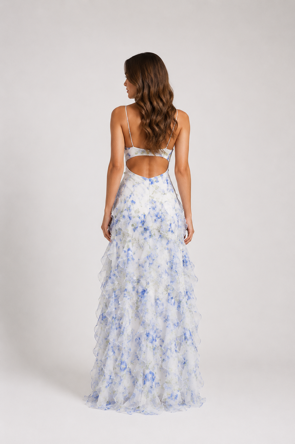 Wren - Women’s Floral Ruffle Maxi Dress with Spaghetti Straps-Maxi Dresses-Lyrasue-White-S-Lyrasue