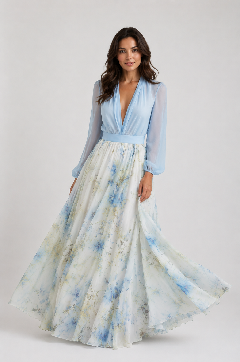 Zariah - Women’s Floral Print Maxi Dress with Sheer Long Sleeves-womens dress-Lyrasue-Light Blue-S-Lyrasue
