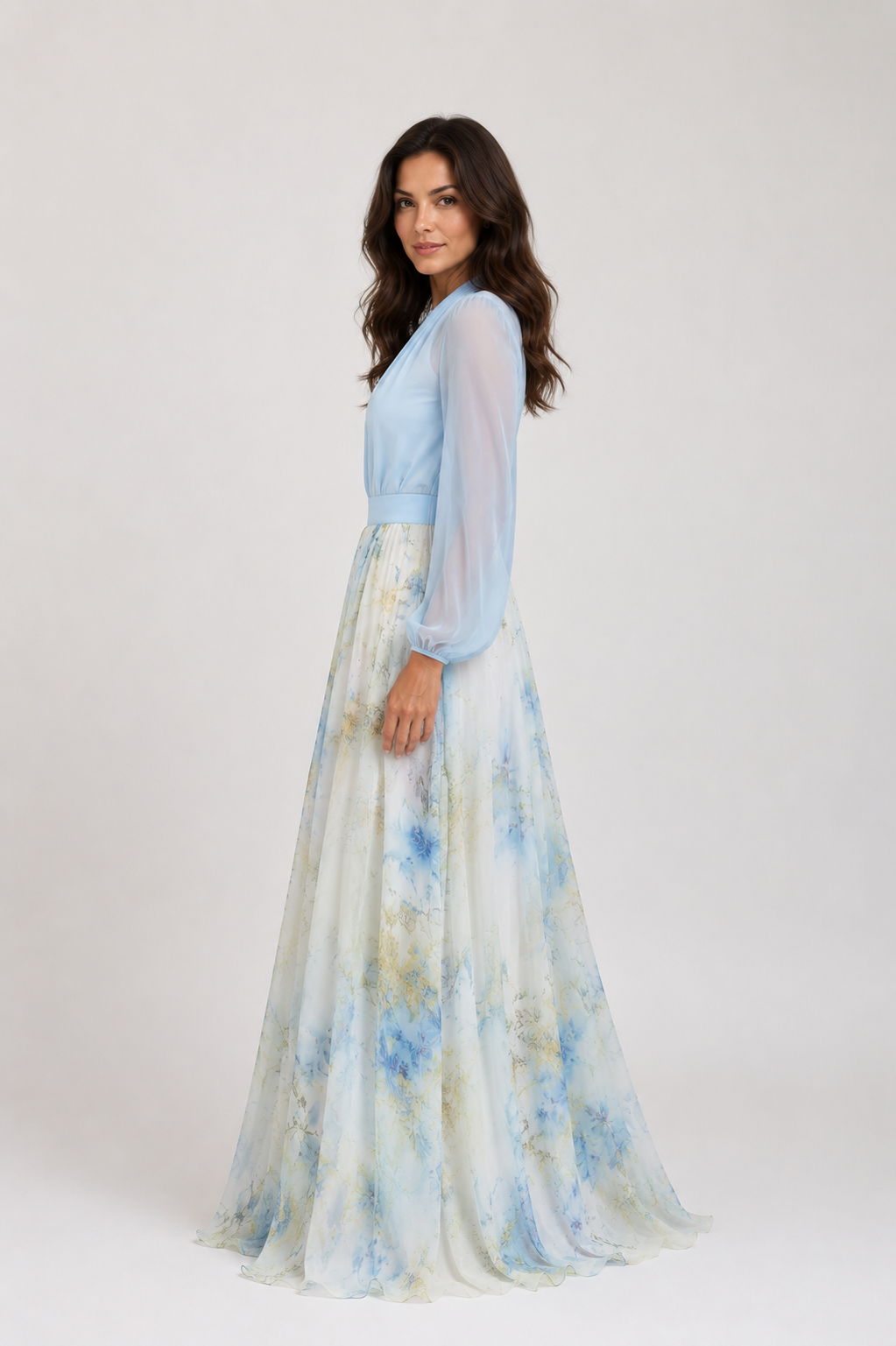 Zariah - Women’s Floral Print Maxi Dress with Sheer Long Sleeves-womens dress-Lyrasue-Light Blue-S-Lyrasue