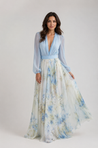Zariah - Women’s Floral Print Maxi Dress with Sheer Long Sleeves-womens dress-Lyrasue-Light Blue-S-Lyrasue