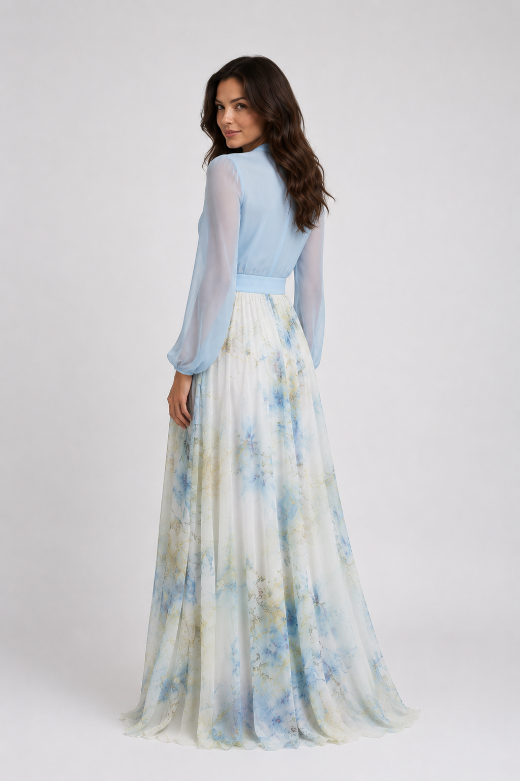 Zariah - Women’s Floral Print Maxi Dress with Sheer Long Sleeves-womens dress-Lyrasue-Light Blue-S-Lyrasue