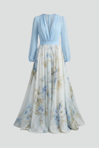 Zariah - Women’s Floral Print Maxi Dress with Sheer Long Sleeves-womens dress-Lyrasue-Light Blue-S-Lyrasue