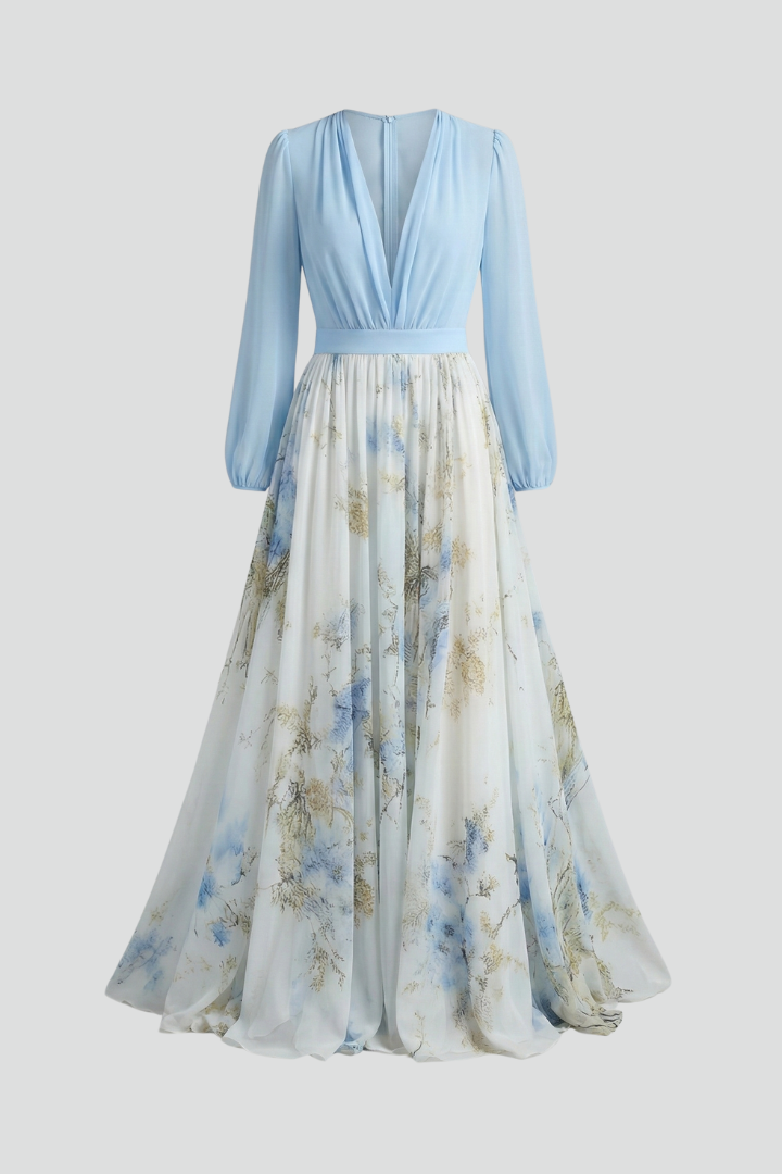 Zariah - Women’s Floral Print Maxi Dress with Sheer Long Sleeves-womens dress-Lyrasue-Light Blue-S-Lyrasue