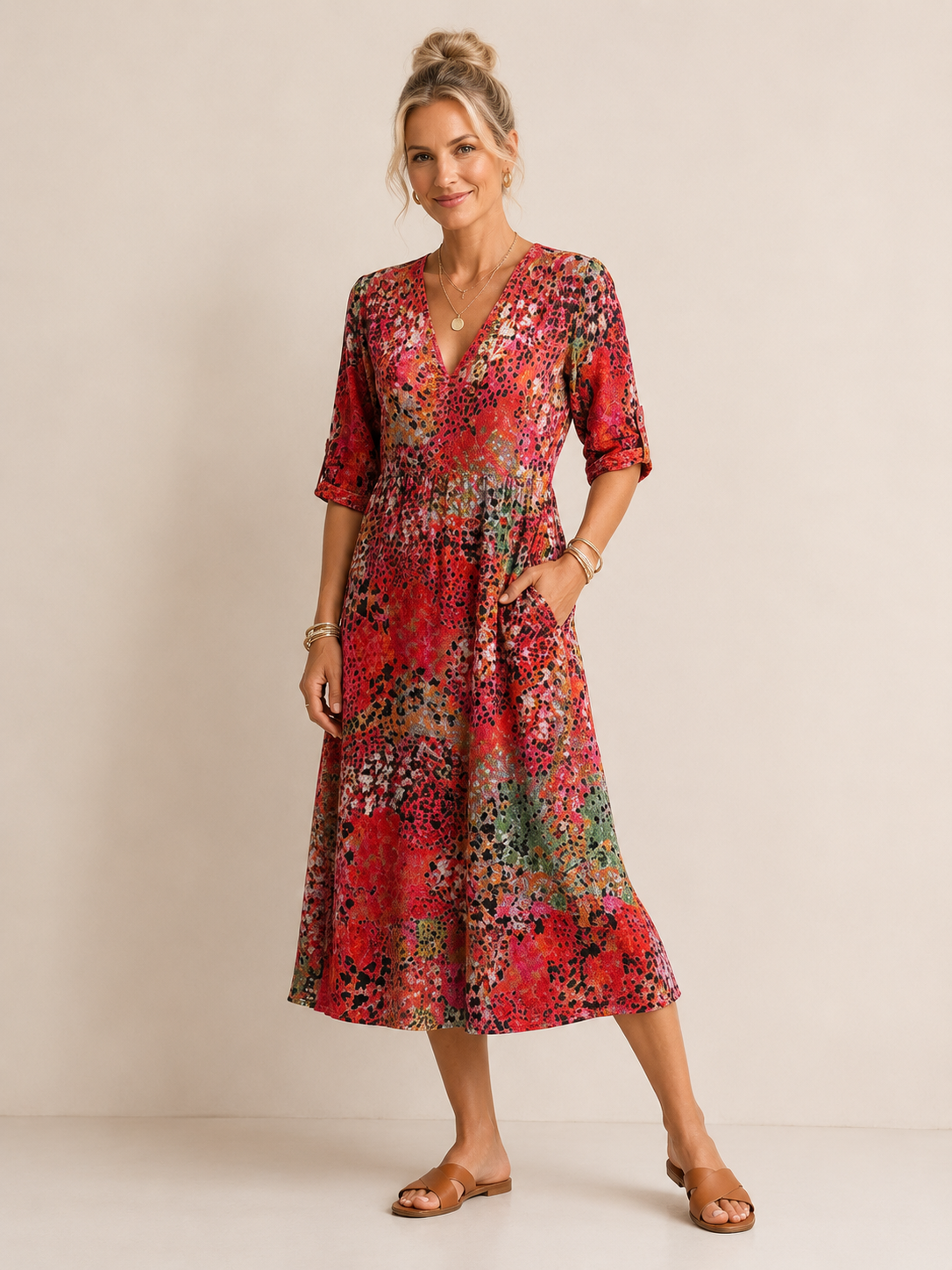 Zaylee - Women's Abstract Print Midi Dress-Midi Dress-Lyrasue-Red-S-Lyrasue
