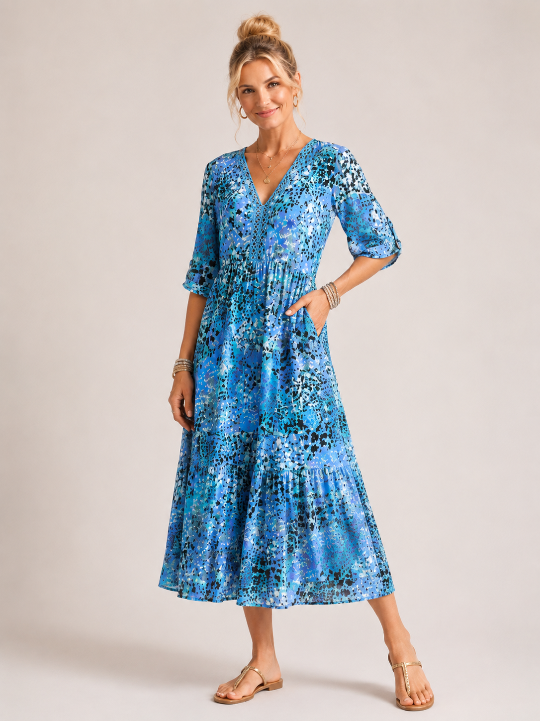 Zaylee - Women's Abstract Print Midi Dress-Midi Dress-Lyrasue-Blue-S-Lyrasue