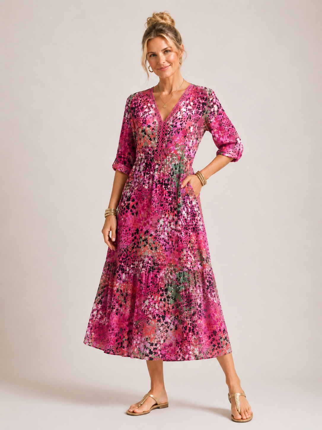 Zaylee - Women's Abstract Print Midi Dress-Midi Dress-Lyrasue-Pink-S-Lyrasue