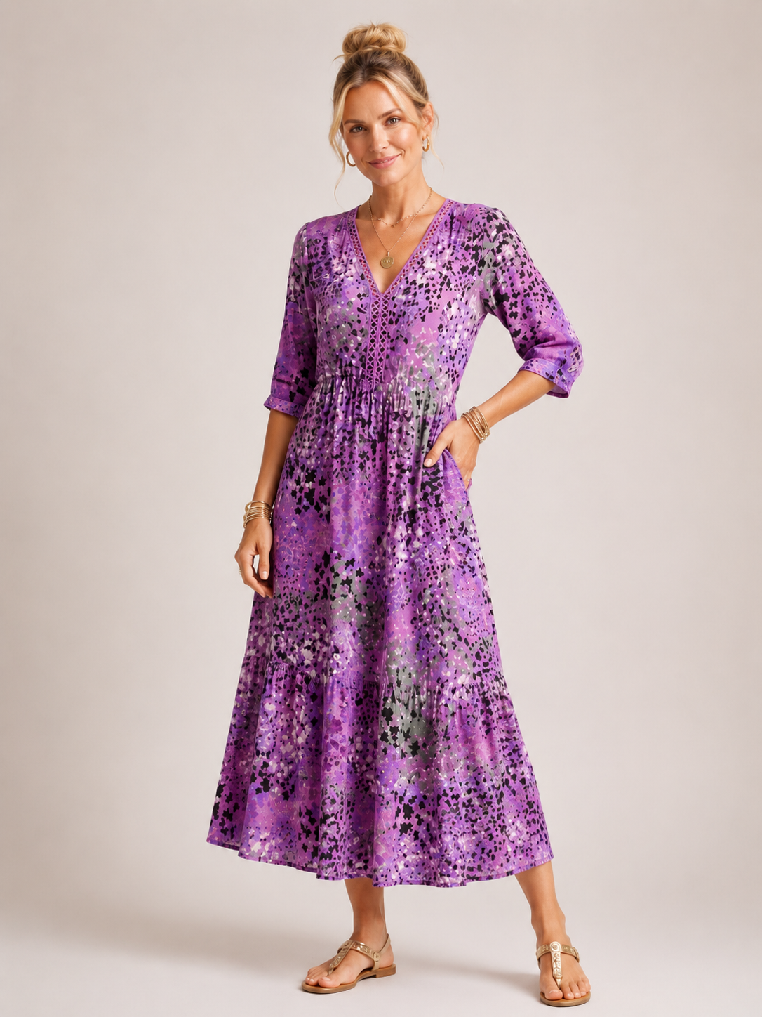 Zaylee - Women's Abstract Print Midi Dress-Midi Dress-Lyrasue-Purple-S-Lyrasue