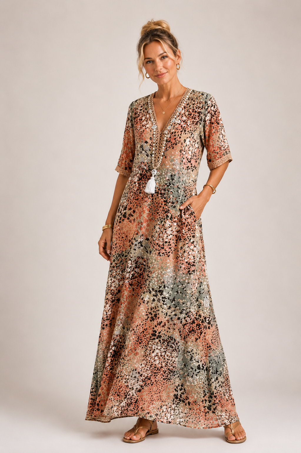 Zaylee - Women's Abstract Print Midi Dress-Midi Dress-Lyrasue-Beige-S-Lyrasue
