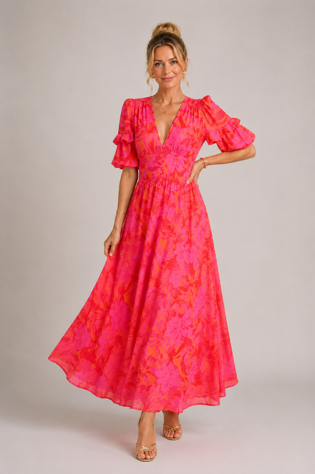 Zephyra - Women's Puff Sleeve V Neck Midi Dress-Women’s Dress-Lyrasue-Red-S-Lyrasue