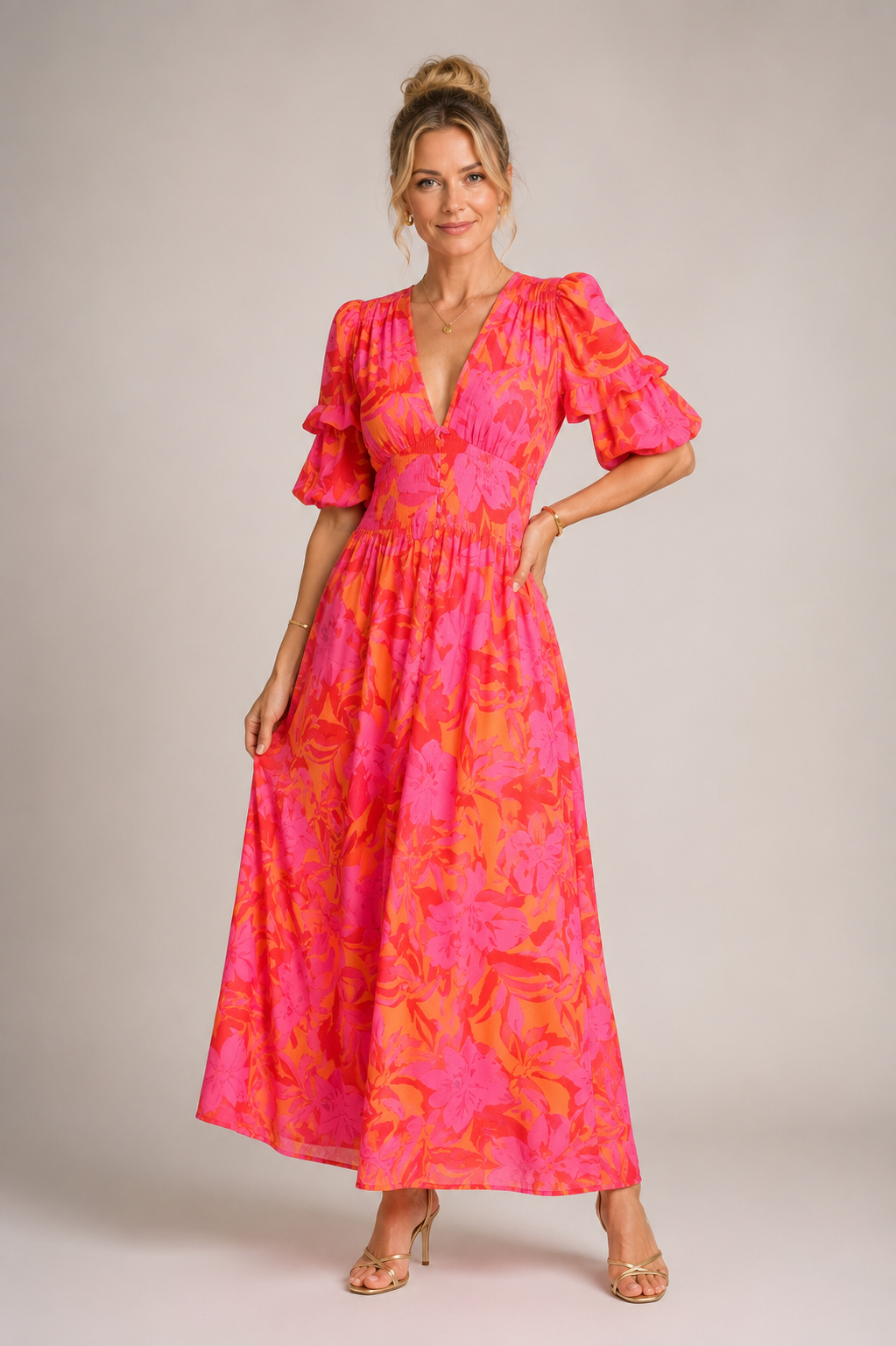 Zephyra - Women's Puff Sleeve V Neck Midi Dress-Women’s Dress-Lyrasue-Red-S-Lyrasue